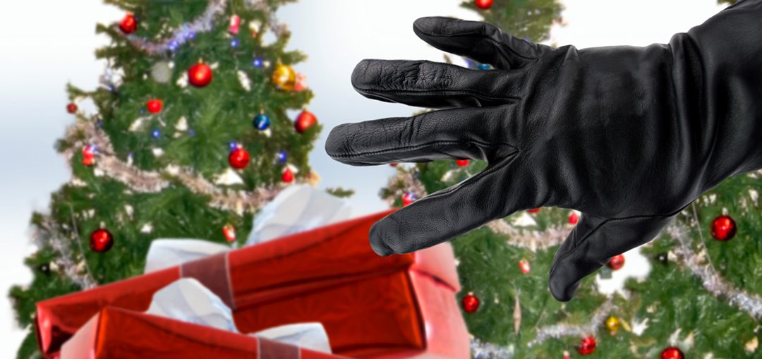 Image of black gloved individual stealing holiday gifts