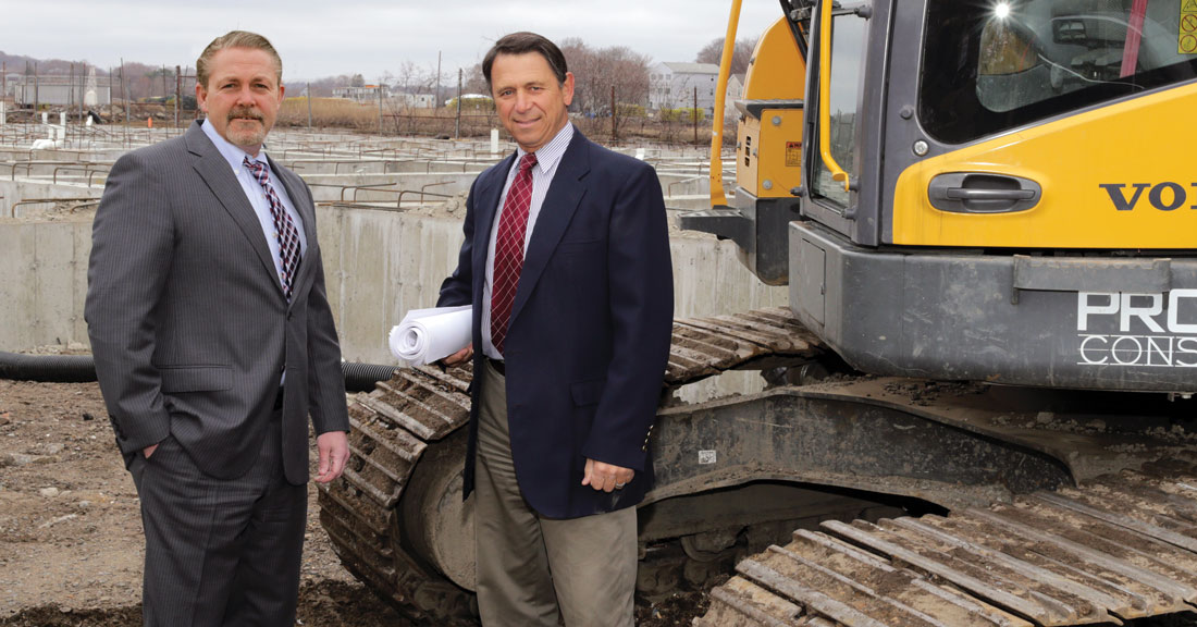 North Shore Bank SVP and Commercial Real Estate Lender, Peter Fenn with Kevin Procopio, owner of Procopio Construction at Needhams Landing construction site