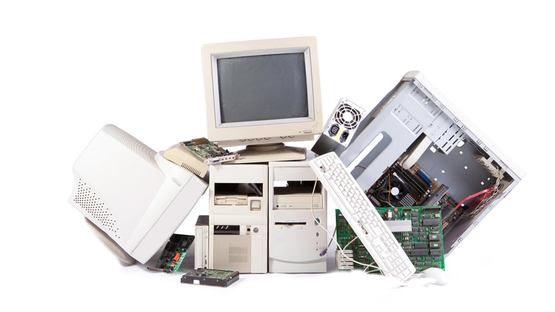 Photo of old computer equipment to promote NSB's Free Computer Recycling Event.