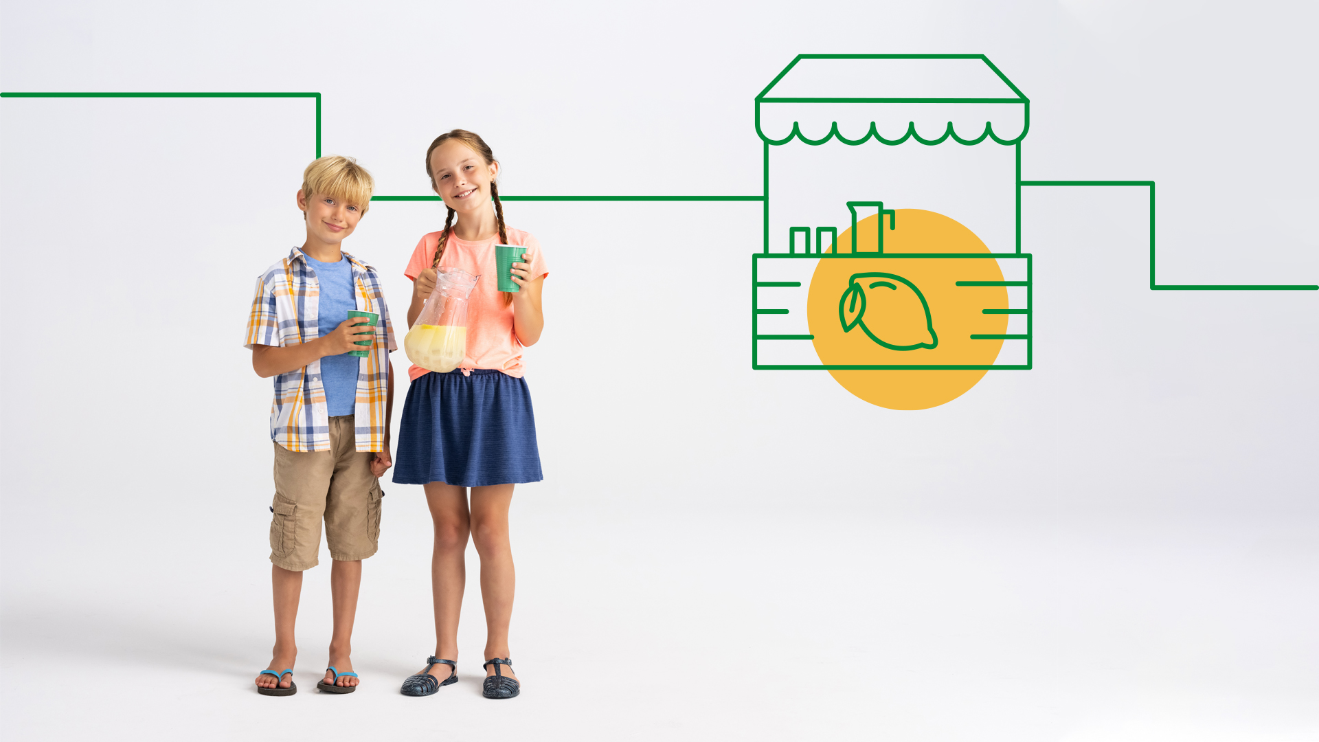 Two children standing with a pitcher and cups of lemonade.