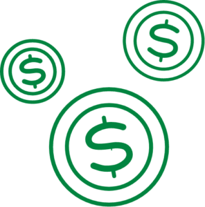 A drawing of coins with money signs on them.