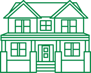 A green drawing of a symmetrical house with windows.