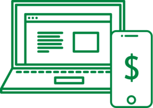 A green drawing of a laptop and mobile device with a money symbol on it.