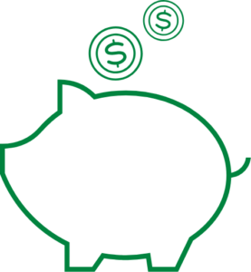 A green drawing of a piggy bank with two coins coming out.