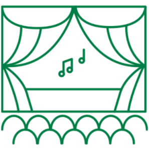 A green drawing of a theatre stage with curtains, music, a stage, and an audience.