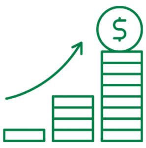 A green drawing of stacked coins and an arrow pointing up.