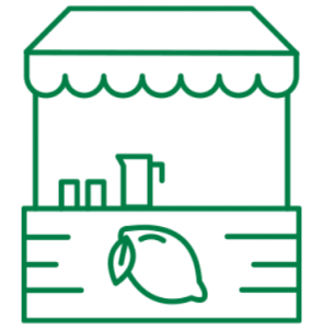 A green drawing of a lemonade stand with cups and a pitcher.