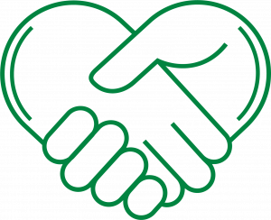 A green drawing of two hands holding together in the shape of a heart.