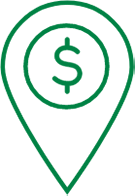 Drawing of Dropped Pin Icon with Dollar Sign in green.