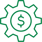 A green drawing of a Gear Icon with a Money Sign in the center.