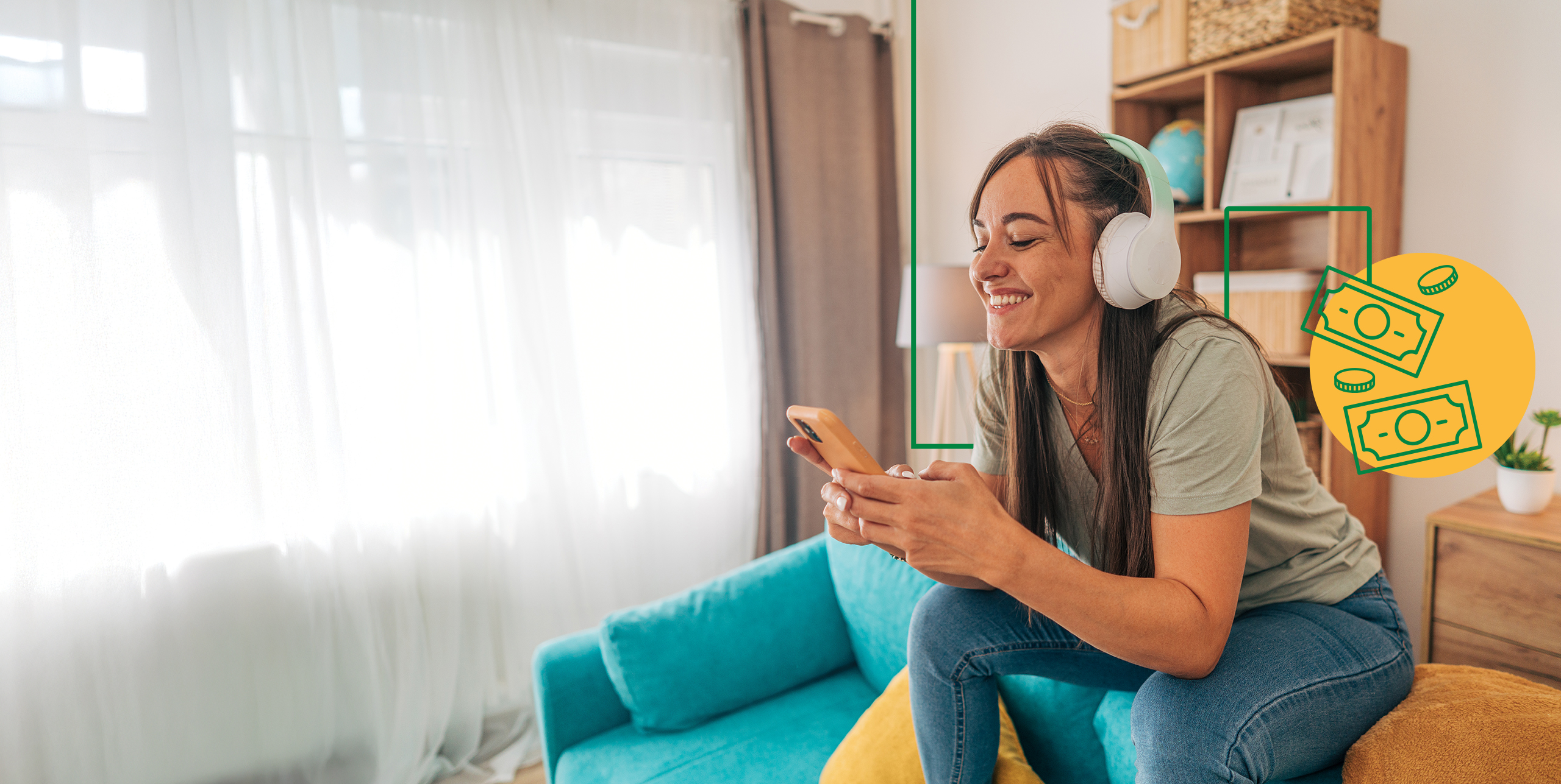 A girl sitting on a blue couch with headphones on her online mobile banking app.